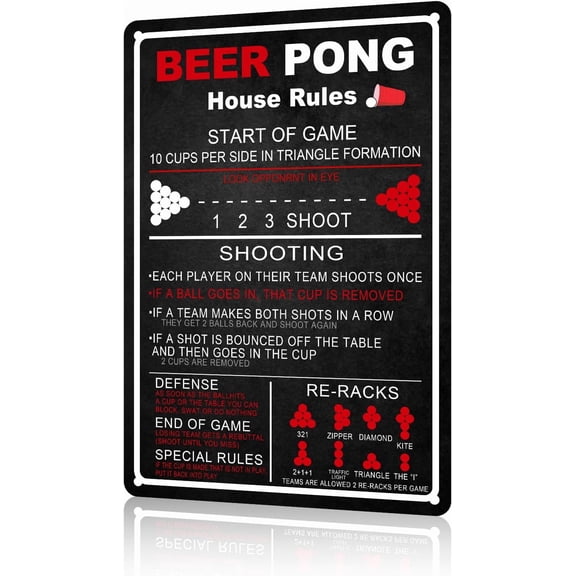 8 x 12 in Metal Tin Sign - Beer Pong House Rules Tin Sign Vintage Beer Pong Retro Metal Wall Art Signs Game Rule Poster 8x12 inch