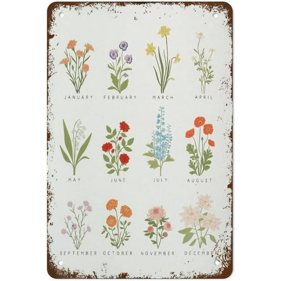 8 x 12 in Metal Tin Sign - Birth Month Flower Chart - 8x12 Inch Art for Mom & Dad