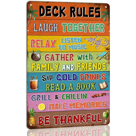 8 x 12 in Metal Tin Sign - Funny Deck Rules Metal Sign Retro Deck Sign for Farmhouse Home Bar Porch Patio Deck Art Wall Decoration 8x12 Inch