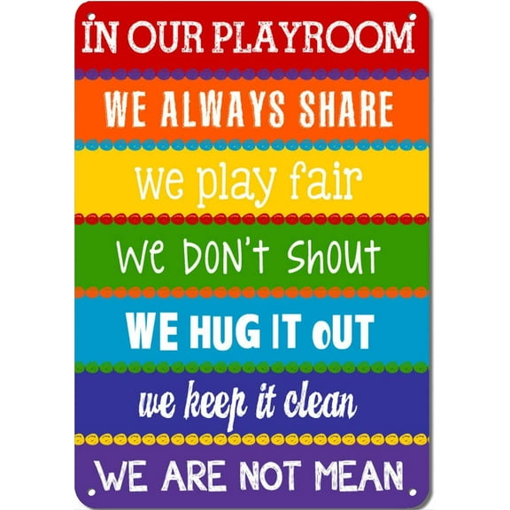 8 x 12 in Metal Tin Sign - Playroom Rules Sign - Childrens Wall Art - Kids Room Decor - Rainbow Playroom Metal Signage 8×12 Inches