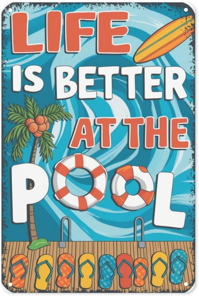 8 x 12 in Metal Tin Sign - Poolside Vibes Tin Sign 8X12IN Retro Metal ...