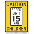 thumbnail image 1 of 8 x 12 inch “Caution - Speed Limit 15 MPH, Children” Fluorescent Metal Sign, 80 mil Aluminum, 3M Laminated Diamond Grade Reflective Material, Yellow, Black and White, 1 of 5