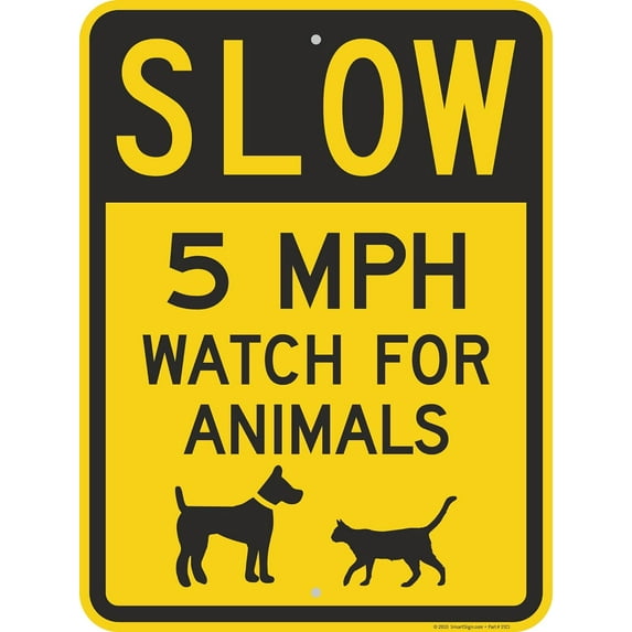 8" x 12" inch “Slow - 5 MPH, Watch For Animals” Metal Sign, 80 mil Laminated Rustproof Aluminum, Black and Yellow