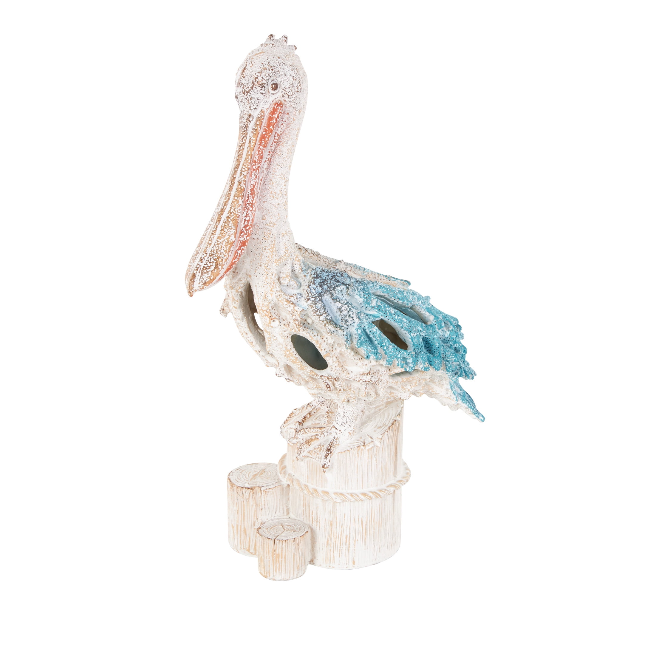 8" x 13" Blue Polystone Textured Pelican Sculpture with Blue Feathers, by DecMode