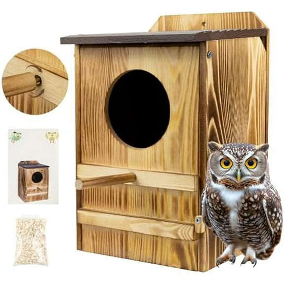 8'' x 13'' Owl House for Outdoor, Screech Owl House, Bird Box Large Handmade Wooden Circular Opening Screech Box for Outside with Mounting Screws and A Bag of Wood Shavings$$