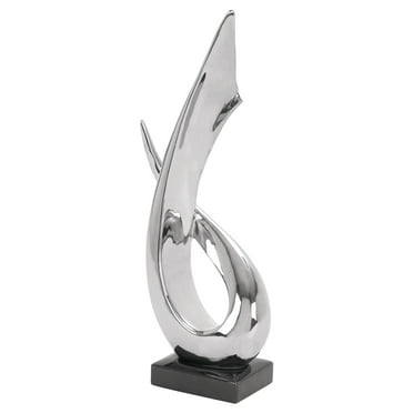 8" x 17" Silver Porcelain Ceramic Abstract Sculpture with Black Base, by DecMode