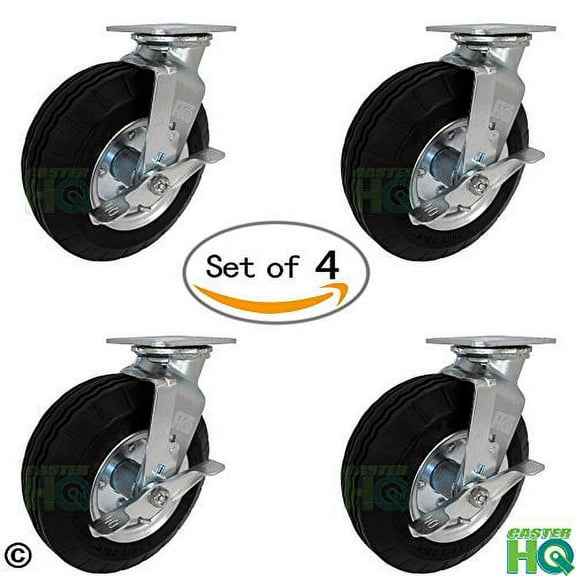 8" x 2-3/4" Swivel Plate Caster with Brakes - Flat Free - No Flat Pneumatic Wheel, 1,000 lb Capacity Set of 4 - CasterHQ Brand