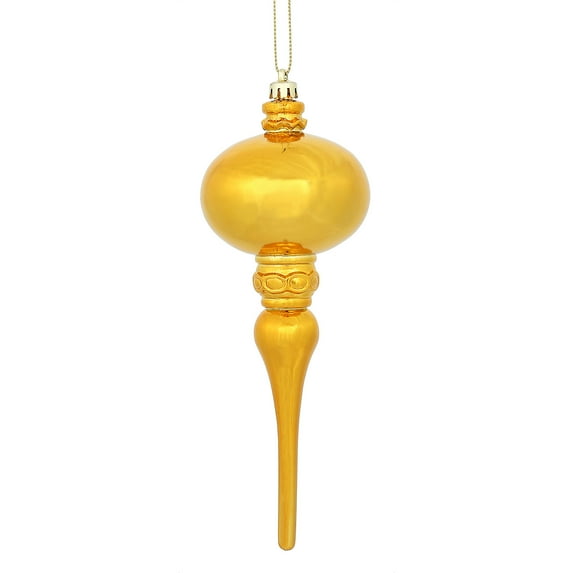 8" x 2.75" Antique Gold Shiny Finial Ornament, with drilled and wired caps. Comes 3 per Bag.