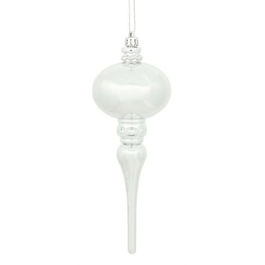 8" x 2.75" Silver Shiny Finial Ornament, with drilled and wired caps. Comes 3 per Bag.