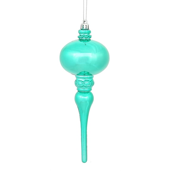 8" x 2.75" Teal Shiny Finial Ornament, with drilled and wired caps. Comes 3 per Bag.