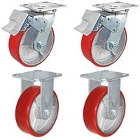 8" x 2" Total Lock Caster Set of 4 - 2 Total Locking Casters & 2 Rigid Casters with Red Polyurethane on Steel Wheel - 5,000 lbs Capacity Per Set of 4
