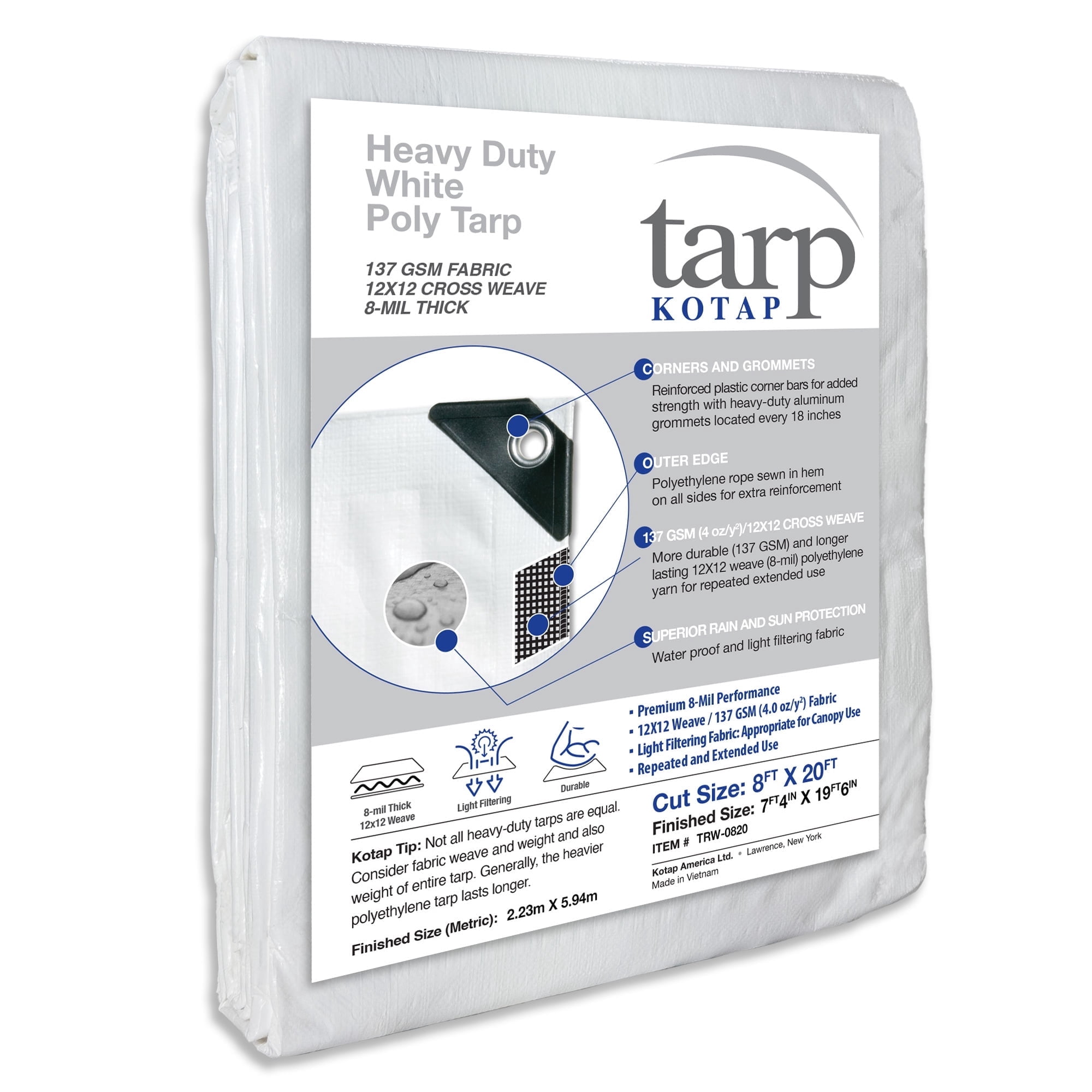 KOTAP 8 x 20 Ft. Heavy-Duty Protection/Coverage Tarp, Superior Weave, 8-mil, Multi-Use, Waterproof, White, TRW-0820