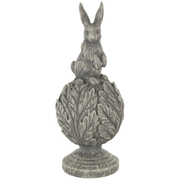 8" x 20" Gray Polystone Textured Rabbit Sculpture with Leaf Covered Round Base, by DecMode