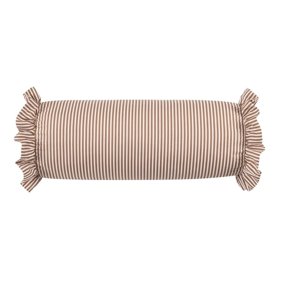 8" x 20" Green Striped Ruffle Bolster Decorative Pillow,1PCS,for Couch,Bed,Sofa,Long Cylinder Pillow with Frill Trim,Modern Farmhouse Home Accent,Brown