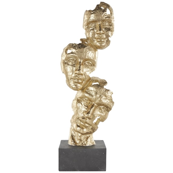 8" x 25" Gold Polystone Stacked Face Cutout Mask Sculpture with Black Block Base, by DecMode