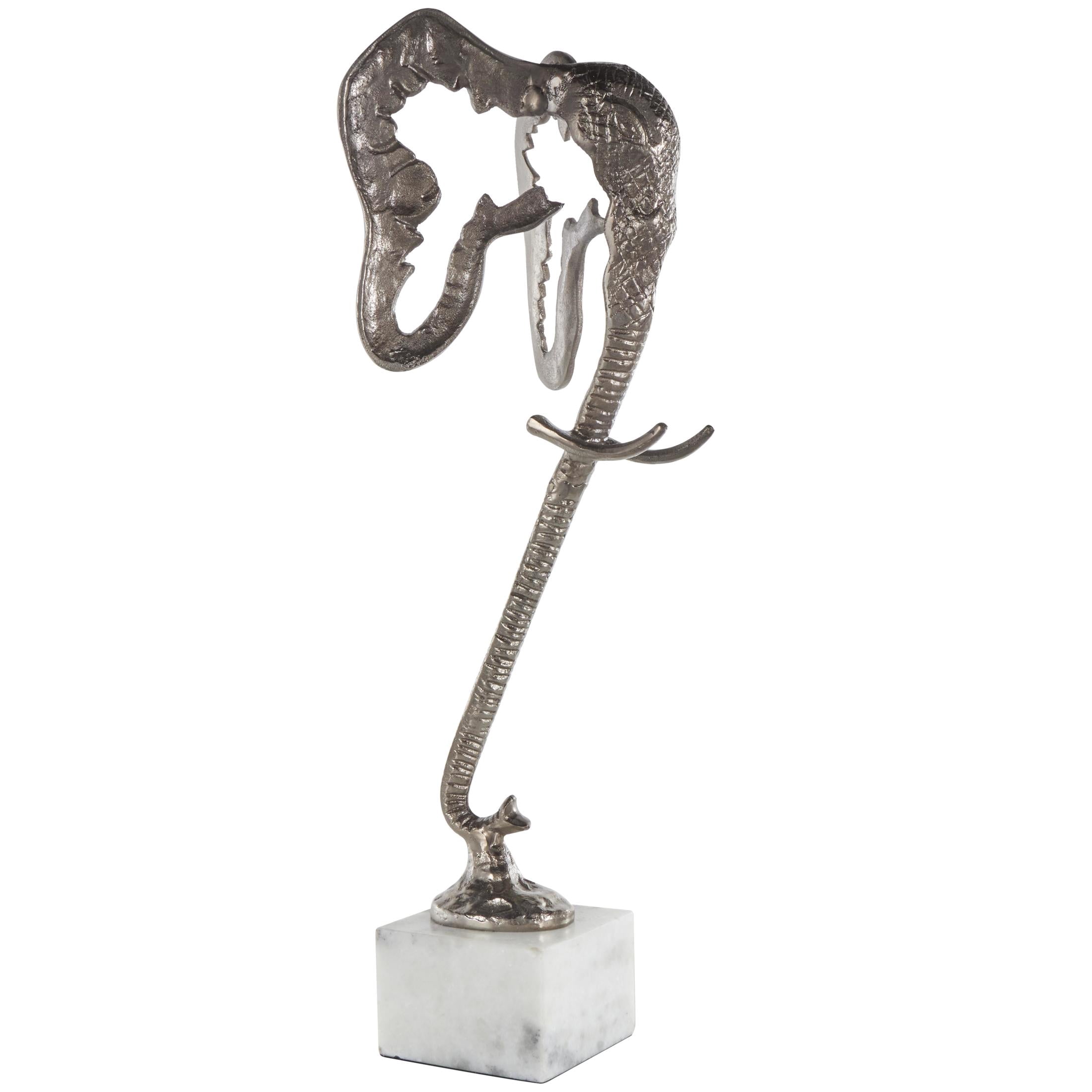 8" x 26" Silver Aluminum Metal Tall Cutout Silhouette Elephant Sculpture with Marble Base, by DecMode