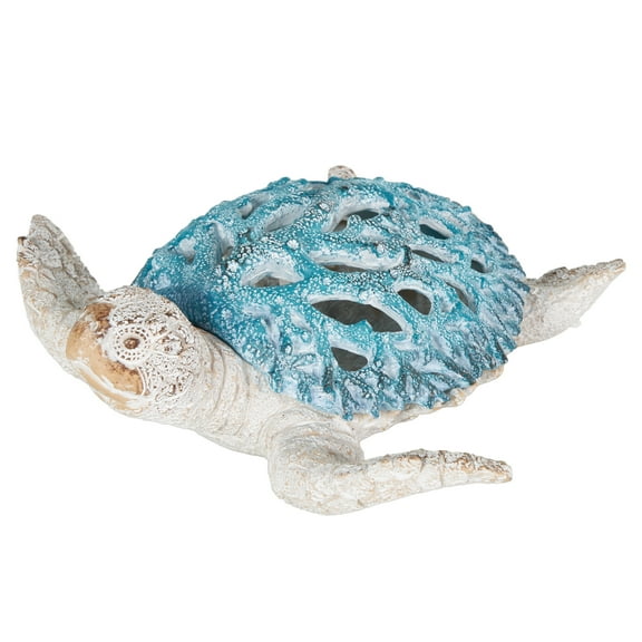 8" x 3" Blue Polystone Textured Swimming Sea Turtle Sculpture with Blue Shell, by DecMode