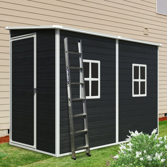 8 x 4 FT Resin Outdoor Storage Shed, Waterproof Outdoor Shed with Floor & 2 Windows & Lockable Door, Tool Shed for Garden, Patio, Backyard, Black