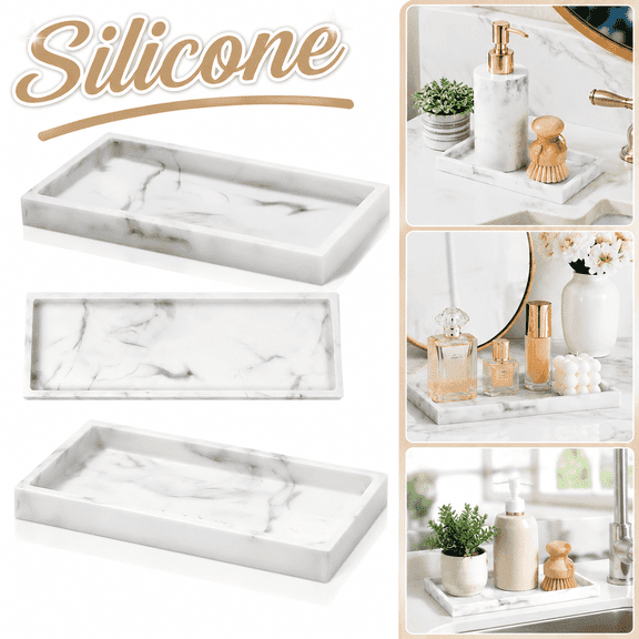Ustris 8 x 4 Inch White Marble Resin Bathroom Vanity Tray, Countertop Organizer Tray for Soap, Perfume, Towel & Bathroom Accessories, bathroom countertop storage,Flexible Dish Soap Holder for Kitchen