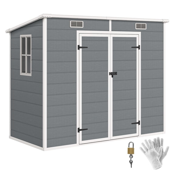 8x4 ft Outdoor Storage Shed - Plastic Garden Shed with Floor, Window & Lock - Gray Backyard Patio Shed