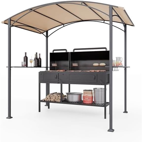 8' x 5' Canopy BBQ Gazebo,Waterproof Sunshade Roof and Sturdy Steel Frame, Storage Bar with Tool Hooks, Curved Grill Shelter,for Backyard, Patio, Garden,for Family Party$$Garden & Patio