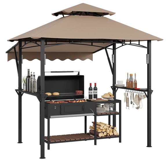 8' x 5' Grill Gazebo Canopy with Extra 7' x 3' Awning, Heavy Duty Steel Frame, Double-Tiered Outdoor Grill Canopy with Shelves, 10 Hooks & LED Lights for Patio BBQ Backyard,Khaki