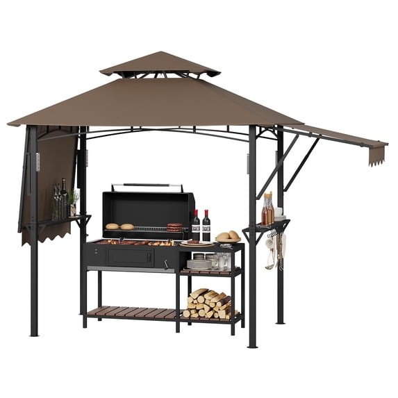 8' x 5' Grill Gazebo Canopy with Extra 7' x 3' Awning, Heavy Duty Steel Frame, Double-Tiered Outdoor Grill Canopy with Shelves, 10 Hooks & LED Lights for Patio BBQ Backyard,Brown