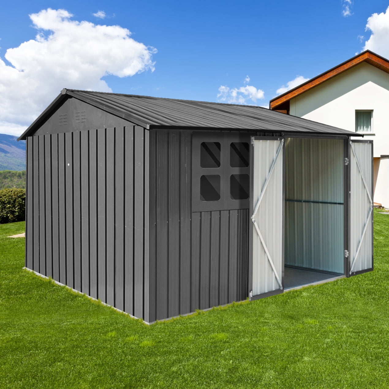 8 x 6 FT Metal Garden Sheds with Window, Outdoor Storage Tool Sheds ...