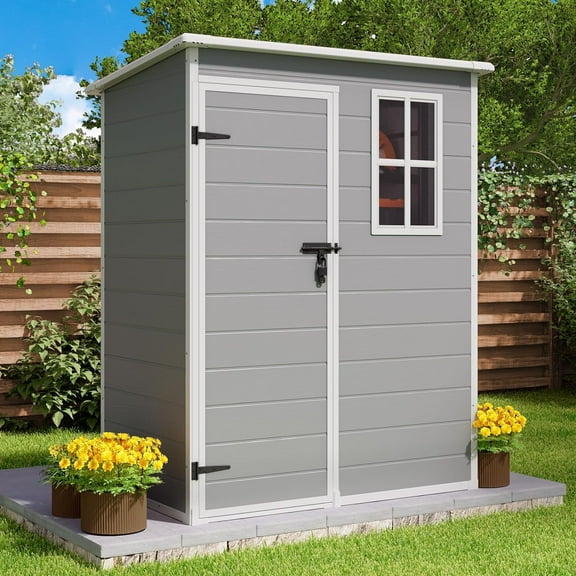 Aiho 5' x 3' Outdoor Storage Shed, Plastic Storage House with Lockable Door for Backyard , Gray