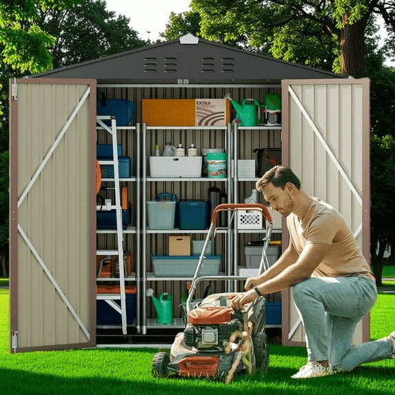 Lofka 6' x 4' FT Outdoor Storage Shed, Outside Metal Tool Shed with Lockable Doors ,Light Brown
