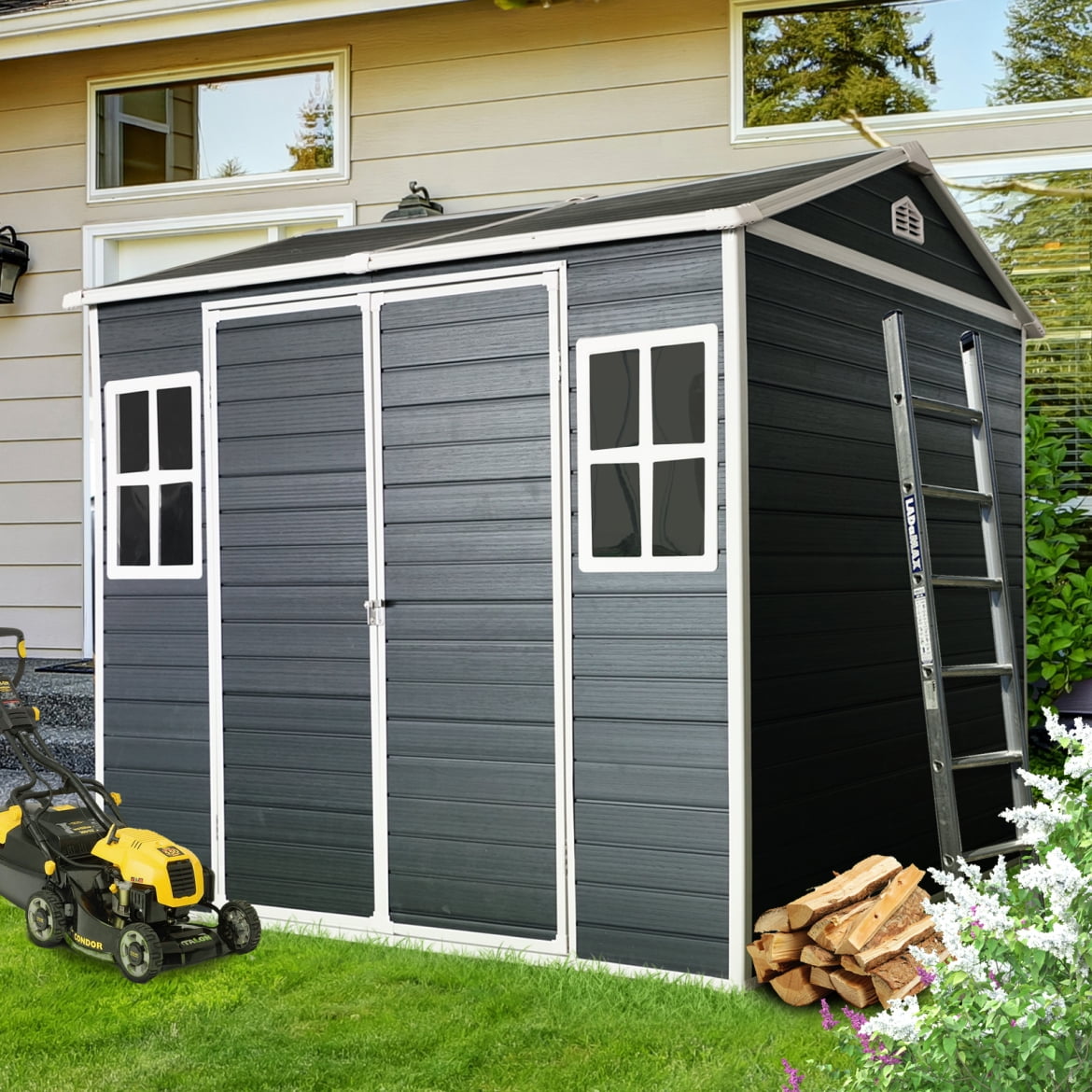 Black 8x6 FT Resin Outdoor Storage Shed with Windows and Floor