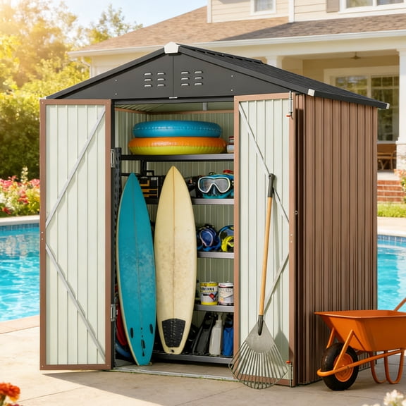 8 x 6 FT Shed, Lofka Galvanized Metal Garden Shed with Double Lockable Doors, Outdoor Storage Clearance for Backyard Patio -Brown