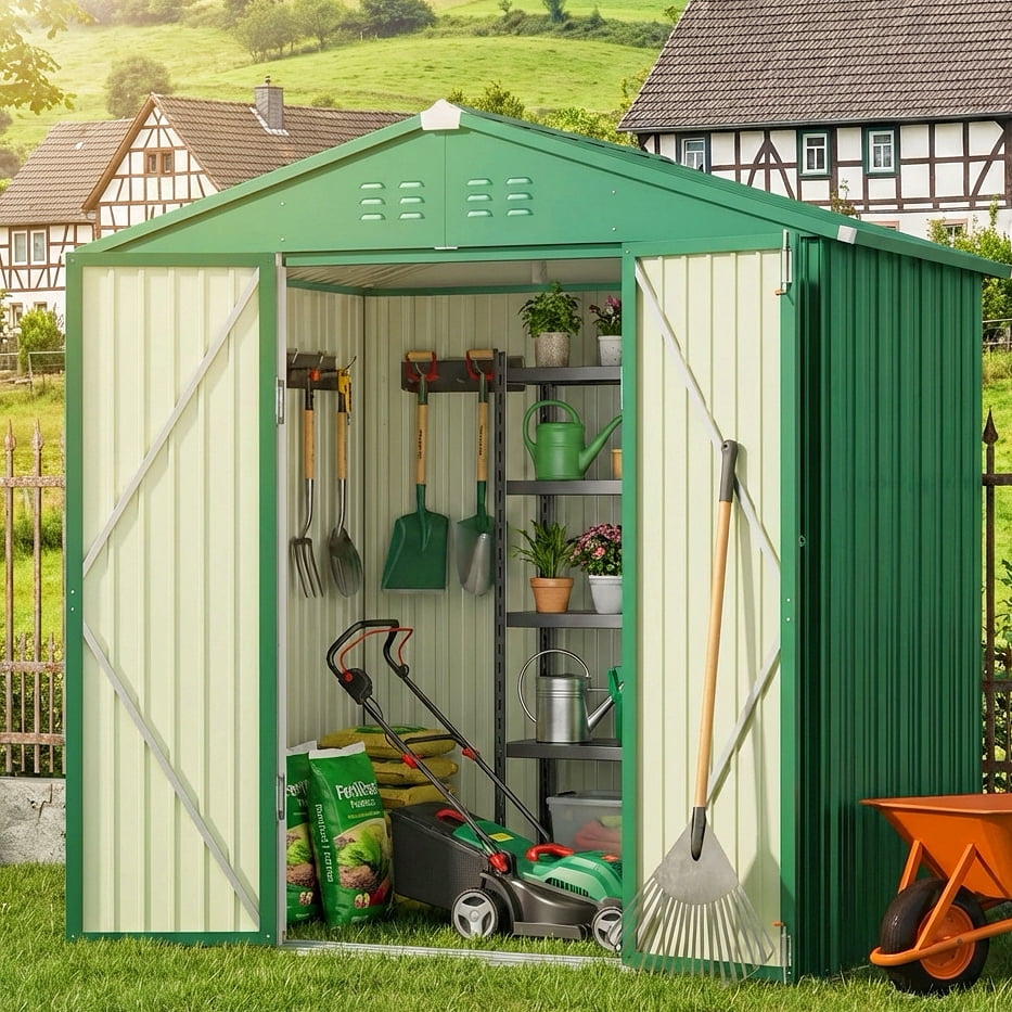 8 x 6 FT Storage Shed, Lofka Galvanized Metal Garden Shed with Double Lockable Doors, Outdoor Storage Clearance for Backyard Patio -Green