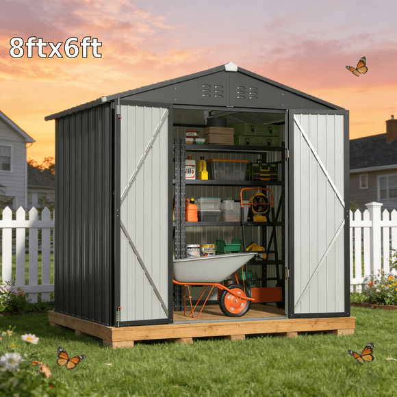 8' x 6' Outdoor Storage Shed, Lofka Garden Metal Shed with Double Lockable Doors and Air Vents for Patio, Garden, Backyard, Lawn, Gray