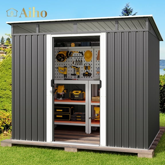 Aiho 8’ x 6’ FT Outdoor Storage Shed Clearance with Sliding Doors for Garden - Gray