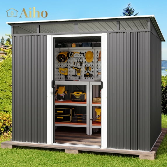 Aiho 8’ x 6’ FT Outdoor Storage Shed Clearance with Sliding Doors for Garden - Gray