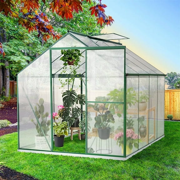 8' x 6' Walk-in Greenhouse for Outdoor, Garden Greenhouse with Metal Frame, Sliding Door, Adjustable Roof Vent and Rain Gutter, Backyard Greenhouse for Plants in Winter, D6354