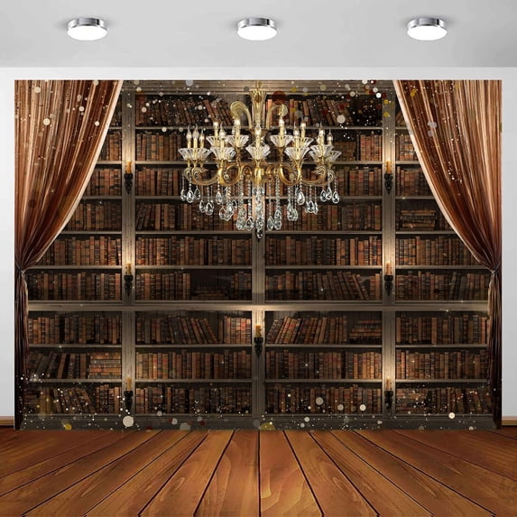 8 x 6 ft Bookshelf Photo Backdrop,Glitter Crystal Chandelier Library Bookcase Fabric Background Official Metting Video Wallpaper Event Banner Photography Photo Shoot Birthday Party Decoration