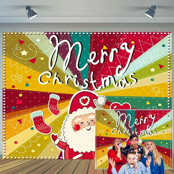 8 x 6 ft Christmas Background Cloth Cute Cartoon Santa Claus Colorful Xmas Photography Backdrop Rainbow Boho 70s Background Banner for Family Holiday Party Decoration