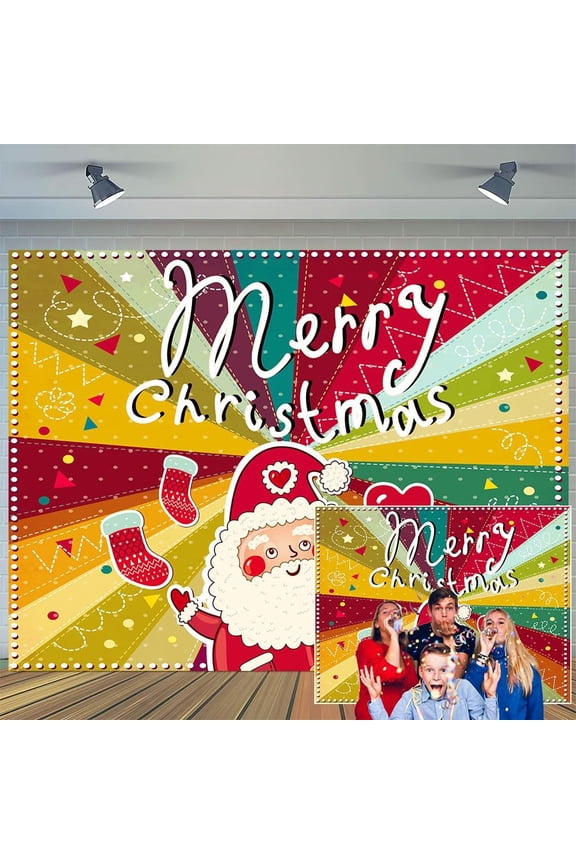 8 x 6 ft Christmas Background Cloth Cute Cartoon Santa Claus Colorful Xmas Photography Backdrop Rainbow Boho 70s Background Banner for Family Holiday Party Decoration