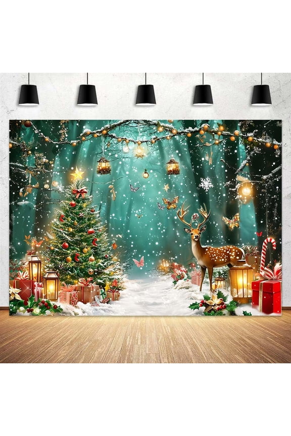 8 x 6 ft Christmas Enchanted Forest Backdrop Winter Wonderland Garden Fairy Tale Xmas Tree Reindeer Background Butterfly Fairy Christmas New Year Kids Boys Girls Birthday Party Decorations Banner