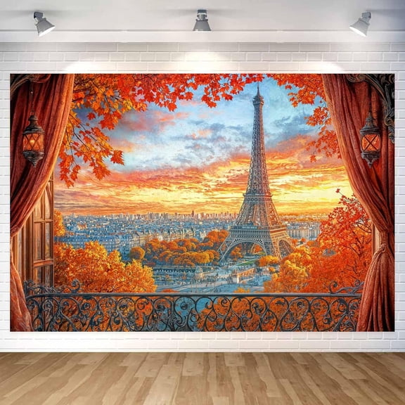 8 x 6 ft Eiffel Tower Backdrop Eiffel Tower Fall Maple Leaves Autumn Photography Background Romantic Parisian Banner Decoration for Birthday Photo Booth Props