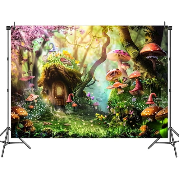 8 x 6 ft Fairy Tale Wonderland Backdrop Enchanted Mushroom Forest Cartoon Background Kids Girls Princess Birthday Party Baby Shower Party Decorations Banner Photo Booth Props