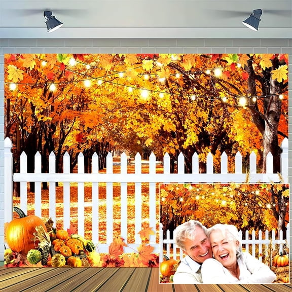 8 x 6 ft Fall Autumn Thanksgiving Backdrop Pumpkin Harvest Fence Maple Leaves Decorations Background Haystack Leaves Baby Shower Banner Supplies Photo Booth Prop