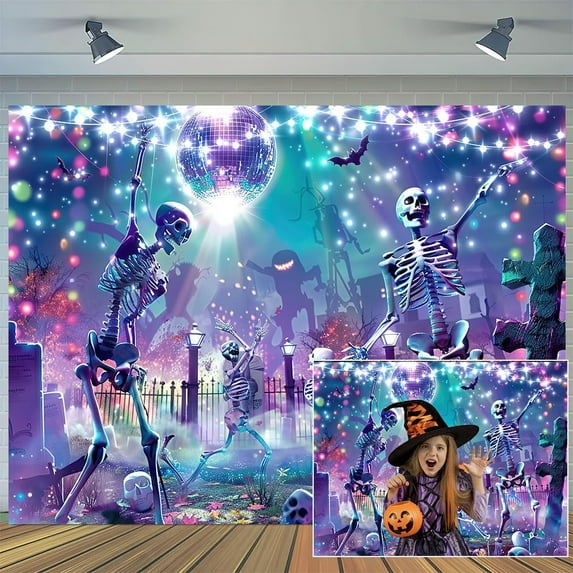 8 x 6 ft Happy Halloween Dance Party Backdrop Hallowmas Retro 80s 90s Scary Cemetery Skull Theme Background Kids Adult Family Party Theme Banner Decor Halloween Photography Shoot Props