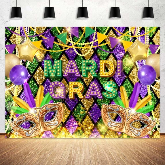 8 x 6 ft Mardi Gras Mask Backdrop Purple Green Gold Beads Masquerade Party Photography Backdrop for Carnival Birthday Dancing Wedding Bachelorette Party Banner Photo Booth Props