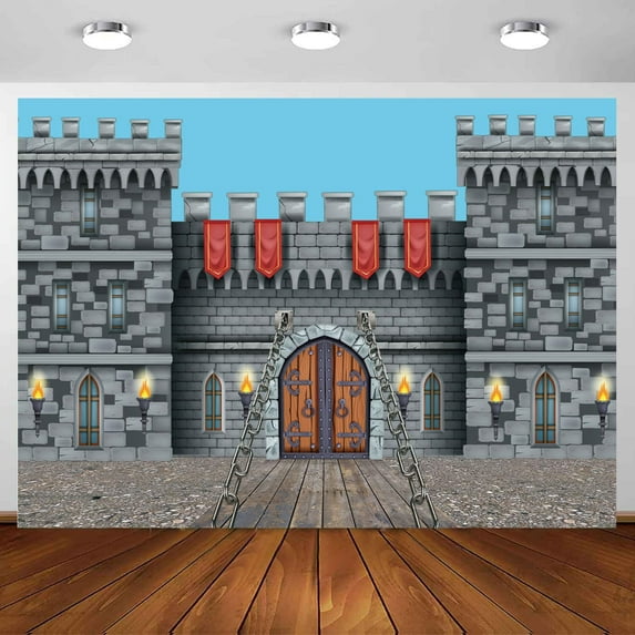 8 x 6 ft Medieval Castle Backdrop, Knight Castle Medieval Party Decoration Banner, Medieval Arches Entrance Door Stone Wall Background Polyester for Kids Boys Birthday Party Photo Props Supplies