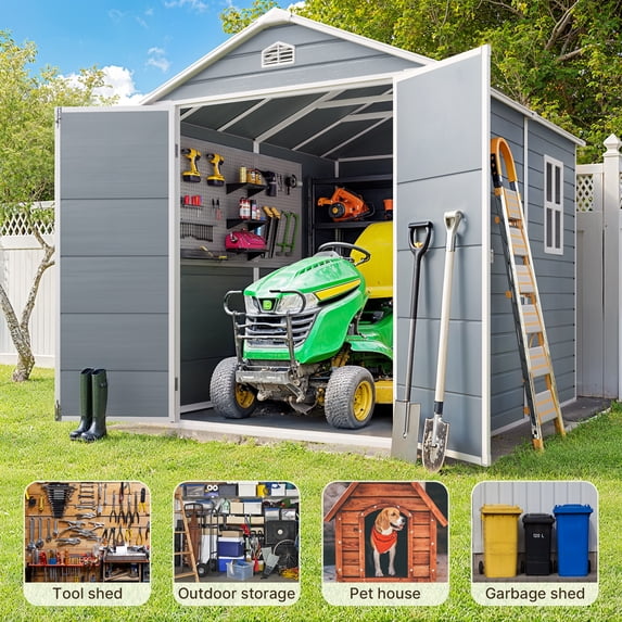 Lofka 8x6 ft Outdoor Storage Shed, Resin Garden Shed with Lockable Door & Floor, Waterproof Tool Shed with Window & Steel Frame for Backyard