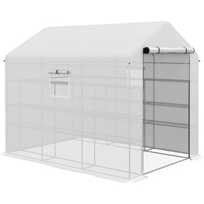8' x 6' x 7' Temporary Walk-In Greenhouse with Mesh Door & Windows, Shelves and Trellis, White