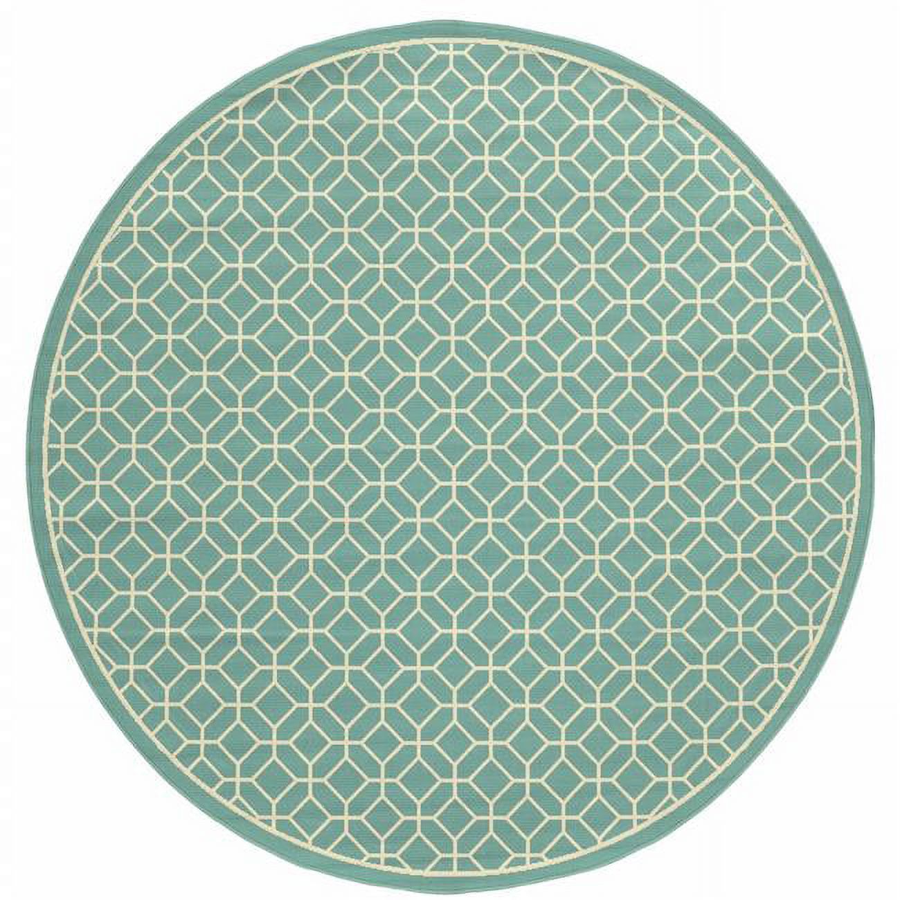 8' x 8' Blue and Ivory Round Geometric Stain Resistant Indoor Outdoor ...